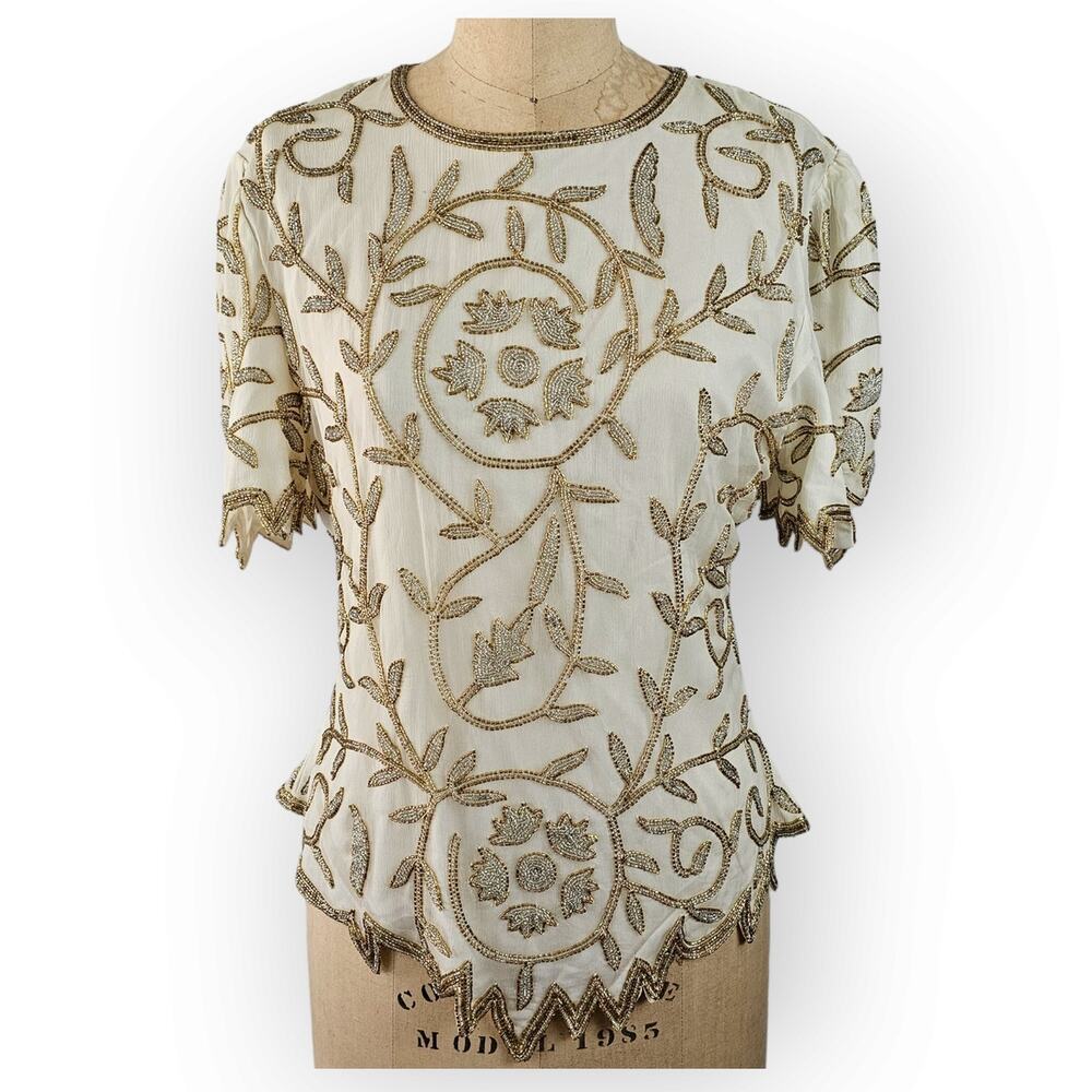 VTG 90s Laurence Kazar beaded evening glam retro ice queen top M
